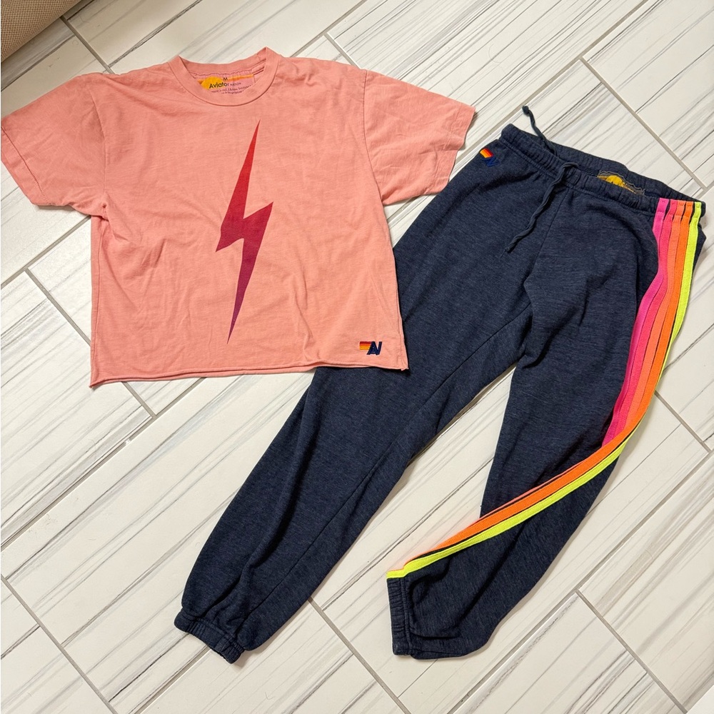 Aviator Nation neon stripe pants & pink boyfriend bolt tee- medium
